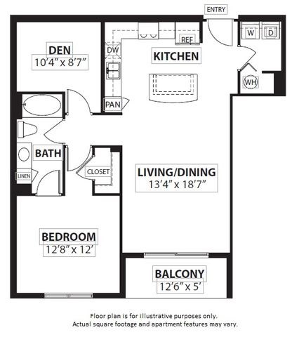 Floor plan for 1 bed, 1 bath, 936 sqft