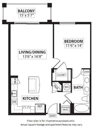 Floor plan for 1 bed, 1 bath, 755 sqft