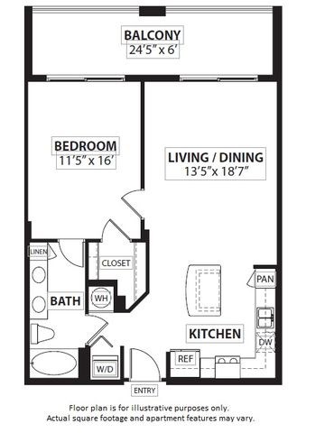 Floor plan for 1 bed, 1 bath, 807 sqft