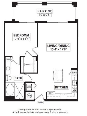 Floor plan for 1 bed, 1 bath, 852 sqft