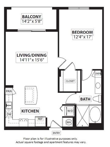 Floor plan for 1 bed, 1 bath, 880 sqft