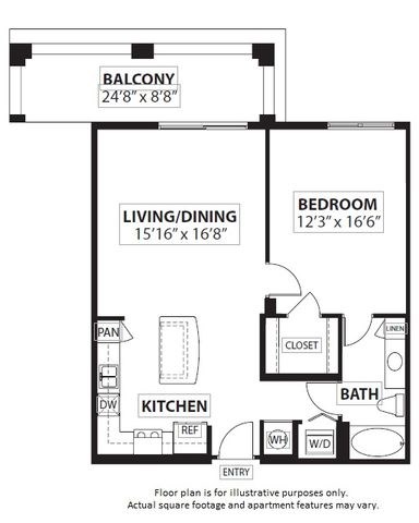 Floor plan for 1 bed, 1 bath, 888 sqft