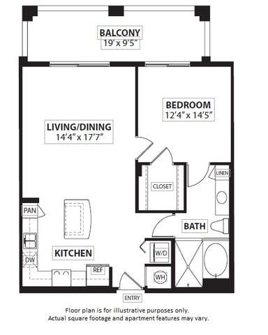 Floor plan for 1 bed, 1 bath, 892 sqft