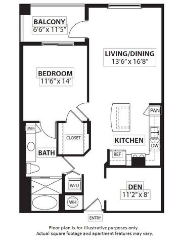 Floor plan for 1 bed, 1 bath, 905 sqft