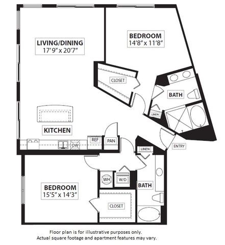 Floor plan for 2 beds, 2 baths, 1607 sqft