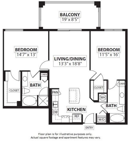 Floor plan for 2 beds, 2 baths, 1184 sqft