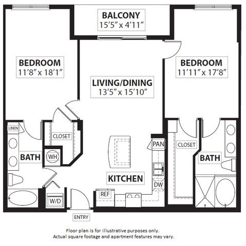 Floor plan for 2 beds, 2 baths, 1192 sqft