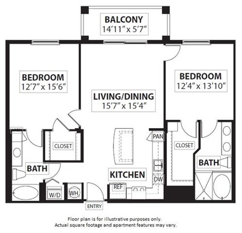 Floor plan for 2 beds, 2 baths, 1217 sqft