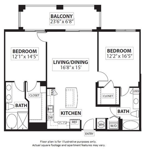 Floor plan for 2 beds, 2 baths, 1233 sqft