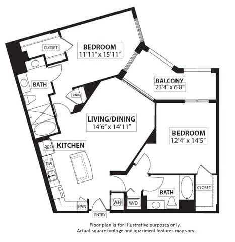 Floor plan for 2 beds, 2 baths, 1245 sqft