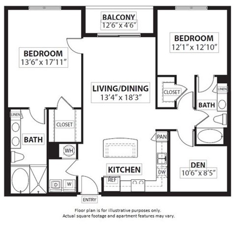 Floor plan for 2 beds, 2 baths, 1353 sqft