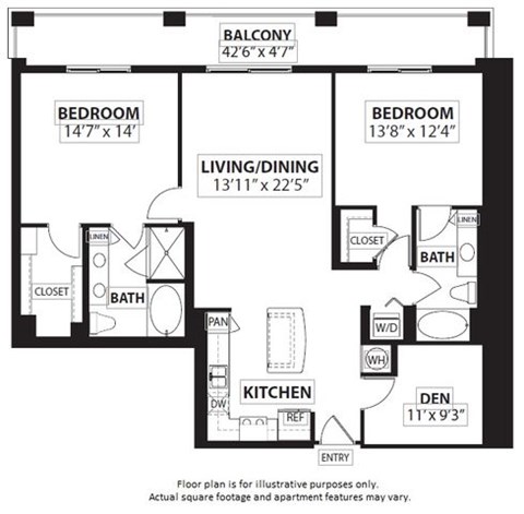 Floor plan for 2 beds, 2 baths, 1381 sqft