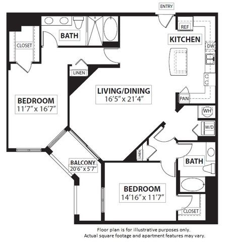 Floor plan for 2 beds, 2 baths, 1447 sqft