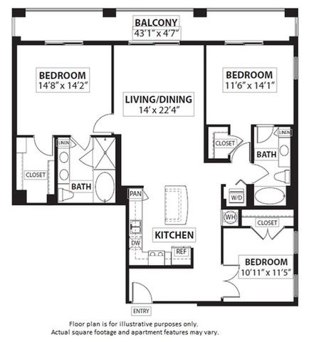 Floor plan for 3 beds, 2 baths, 1511 sqft