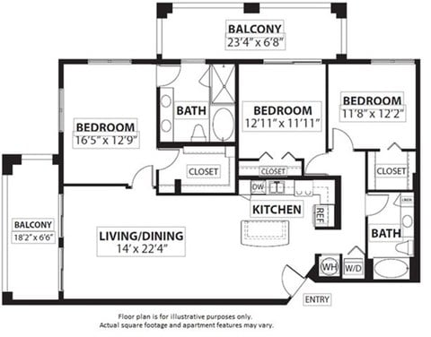 Floor plan for 3 beds, 2 baths, 1582 sqft