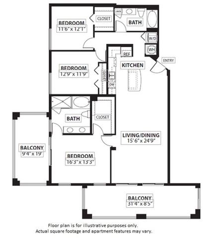 Floor plan for 3 beds, 2 baths, 1607 sqft