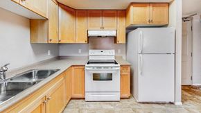 Brandon apartment for rent - a kitchen with wooden cabinets and a white refrigerator