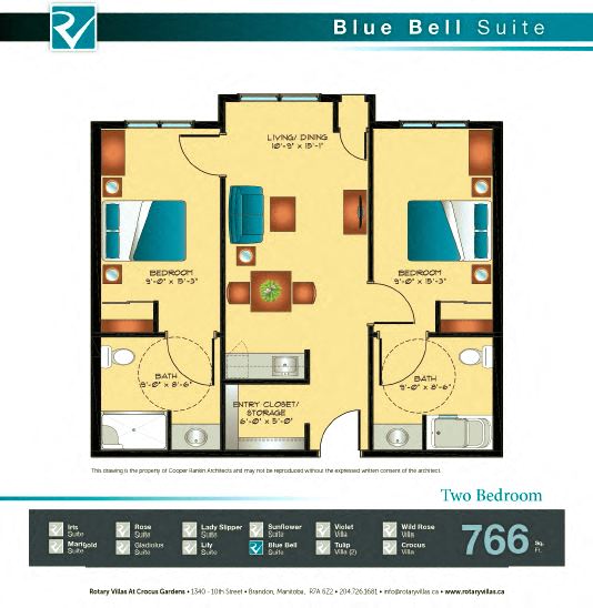 Floor plan for 2 beds, 2 baths, 766 sqft