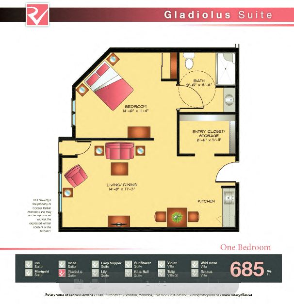 Floor plan for 1 bed, 1 bath, 685 sqft