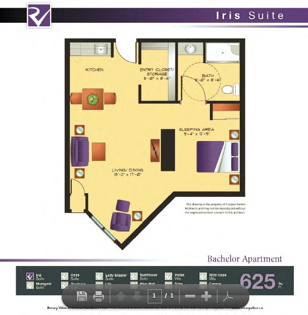 Floor plan for 1 bed, 1 bath, 625 sqft