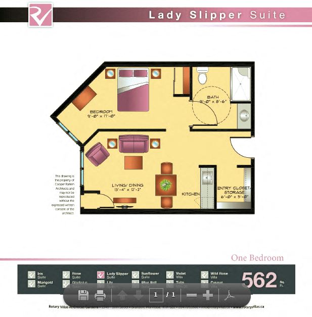 Floor plan for 1 bed, 1 bath, 562 sqft