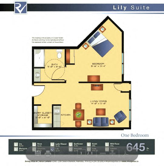 Floor plan for 1 bed, 1 bath, 645 sqft