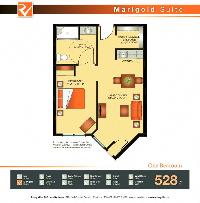 Floor plan for 1 bed, 1 bath, 528 sqft