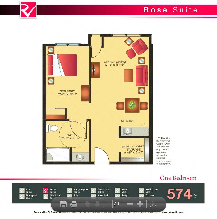 Floor plan for 1 bed, 1 bath, 574 sqft