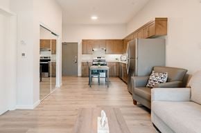 Brandon apartment for rent - A modern kitchen with a dining table and a couch.