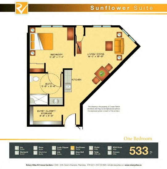 Floor plan for 1 bed, 1 bath, 685 sqft
