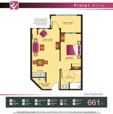 Floor plan for 1 bed, 1 bath, 661 sqft