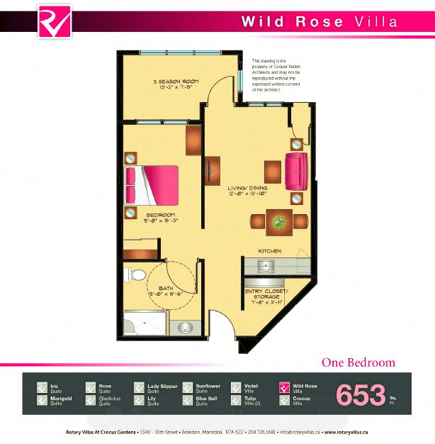 Floor plan for 1 bed, 1 bath, 653 sqft