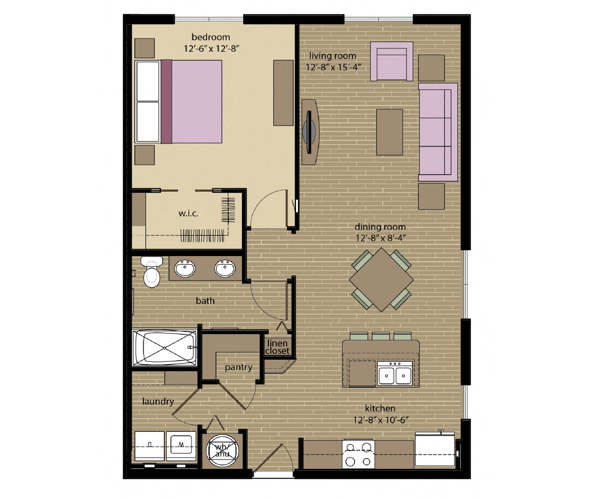 Floor plan for 1 bed, 1 bath, 849 sqft