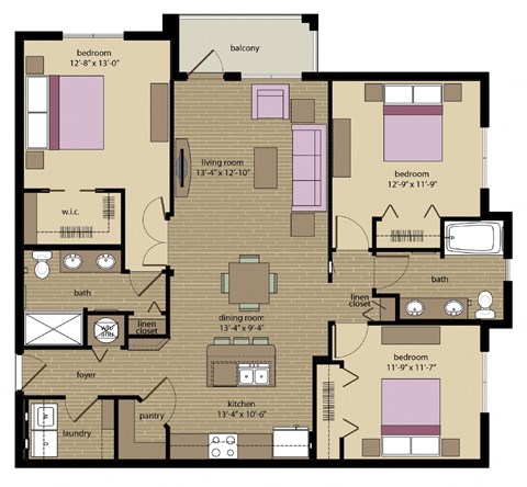 Floor plan for 3 beds, 2 baths, 1326 sqft