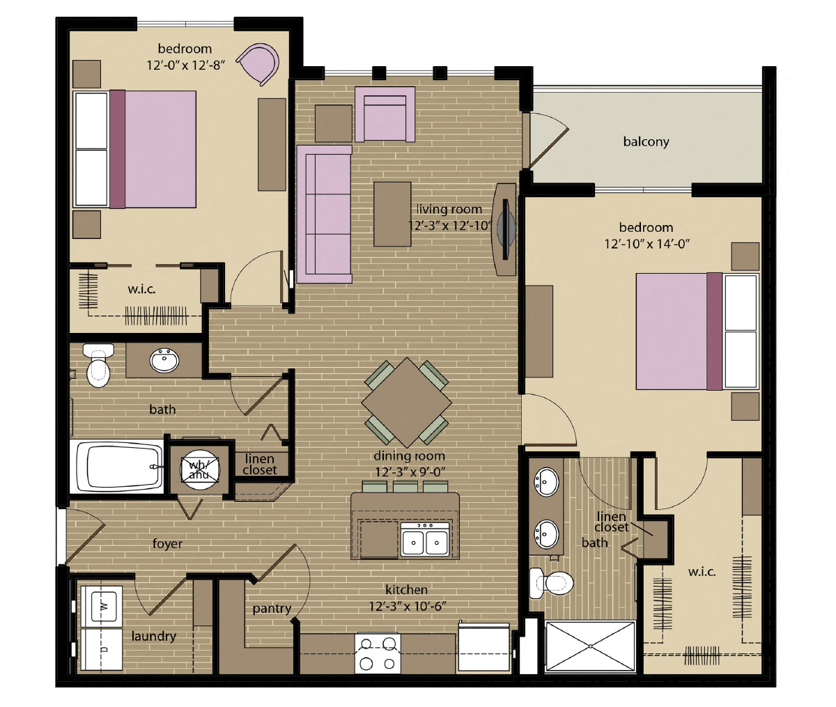 Floor plan for 2 beds, 2 baths, 1147 sqft