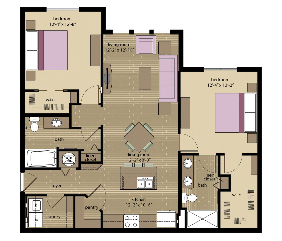 Floor plan for 2 beds, 2 baths, 1127 sqft