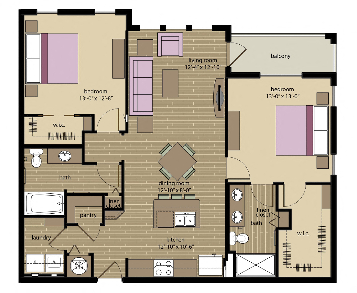 Floor plan for 2 beds, 2 baths, 1150 sqft