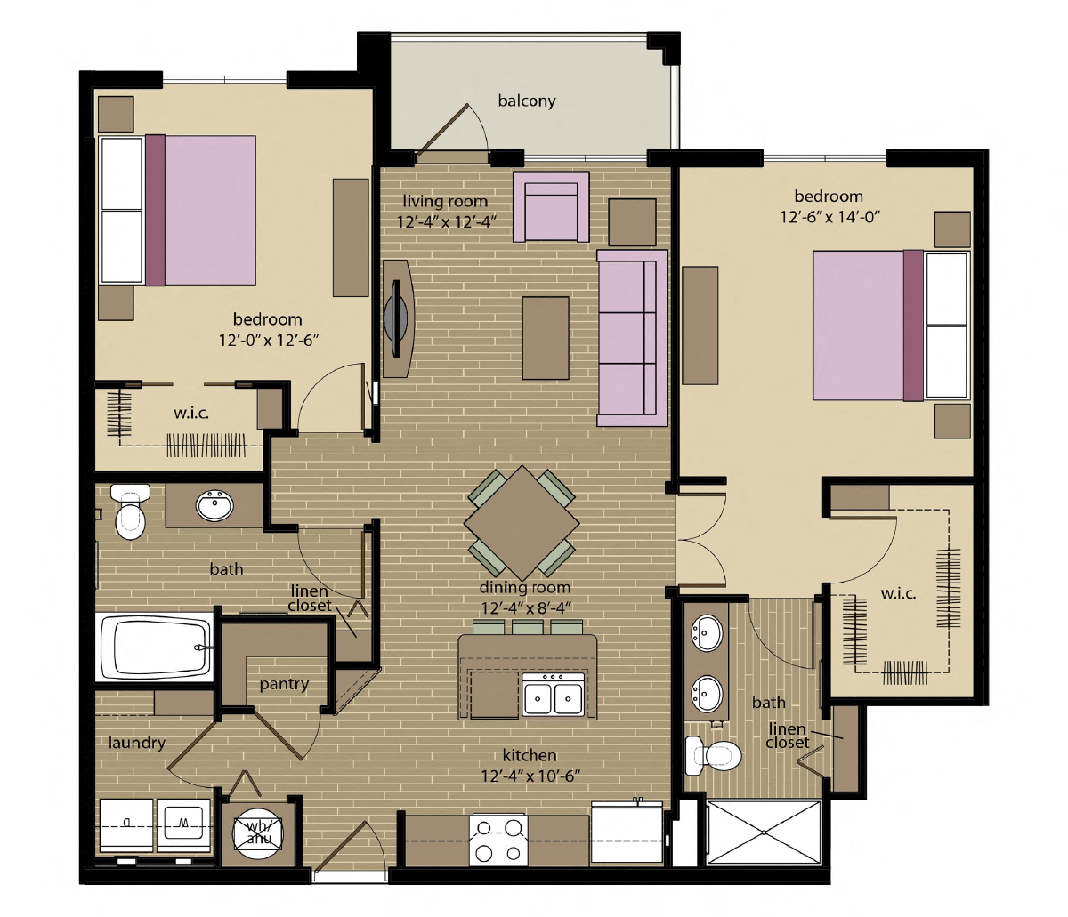 Floor plan for 2 beds, 2 baths, 1100 sqft
