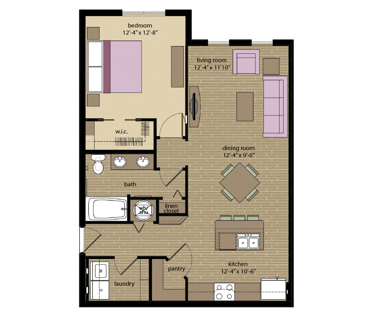 Floor plan for 1 bed, 1 bath, 812 sqft