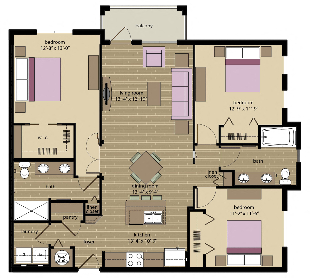 Floor plan for 3 beds, 2 baths, 1301 sqft