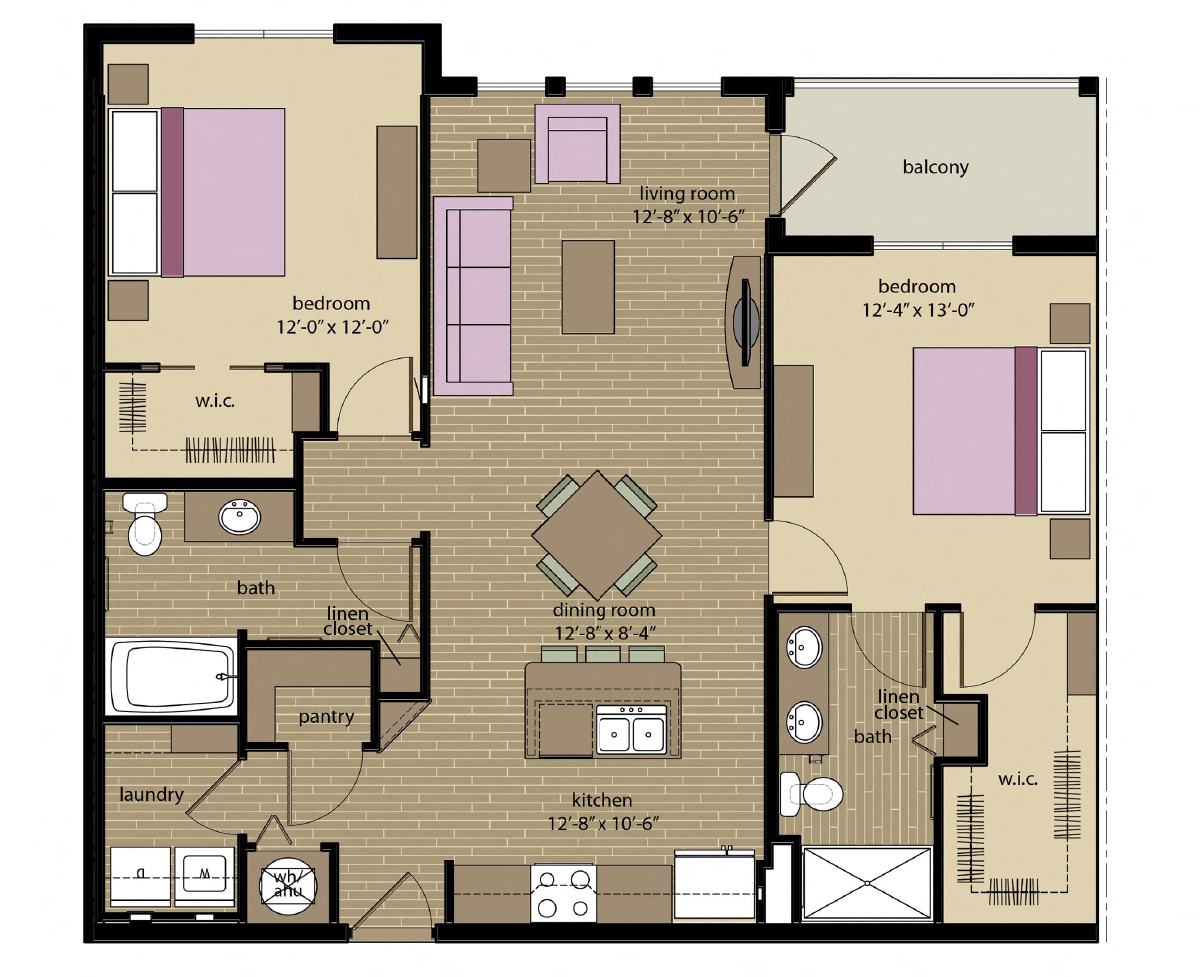 Floor plan for 2 beds, 2 baths, 1109 sqft