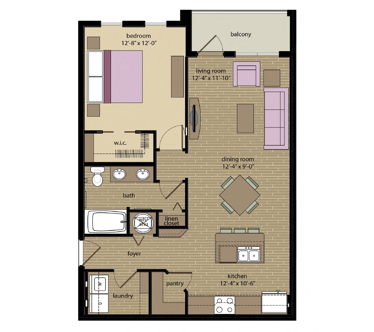 Floor plan for 1 bed, 1 bath, 813 sqft