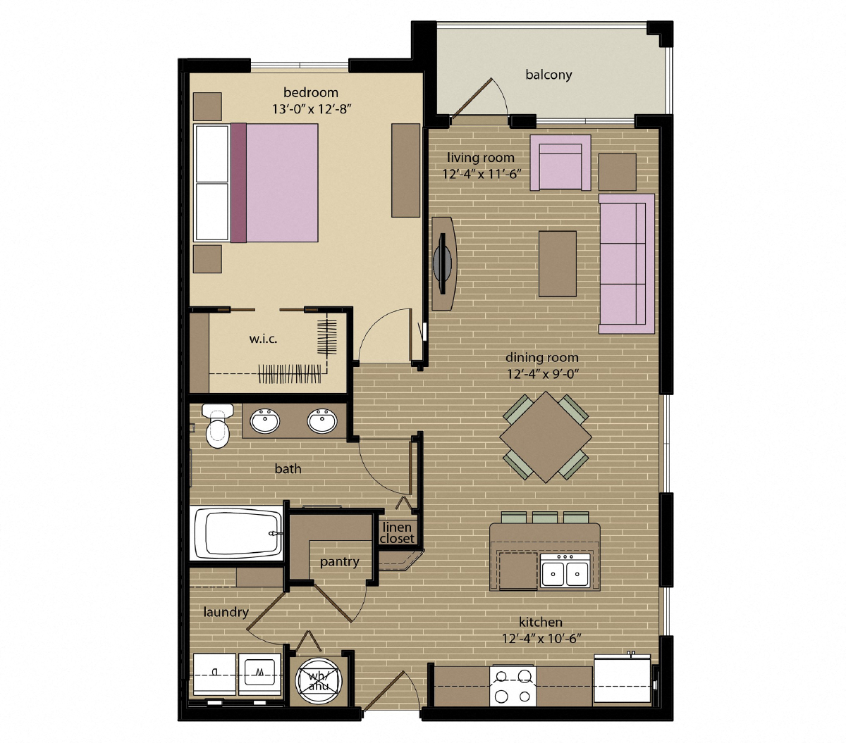 Floor plan for 1 bed, 1 bath, 811 sqft
