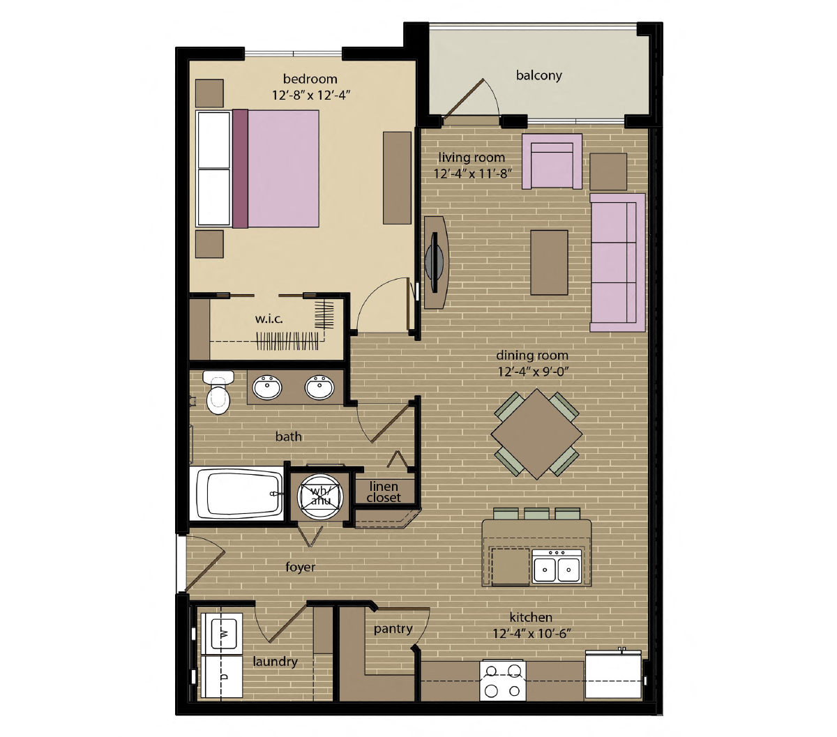 Floor plan for 1 bed, 1 bath, 808 sqft