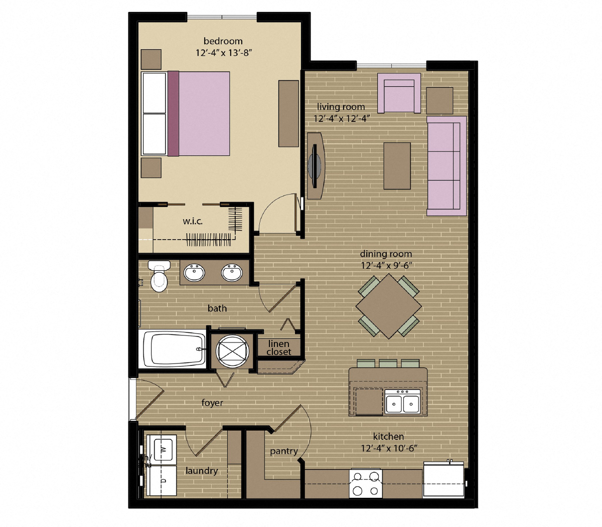 Floor plan for 1 bed, 1 bath, 837 sqft