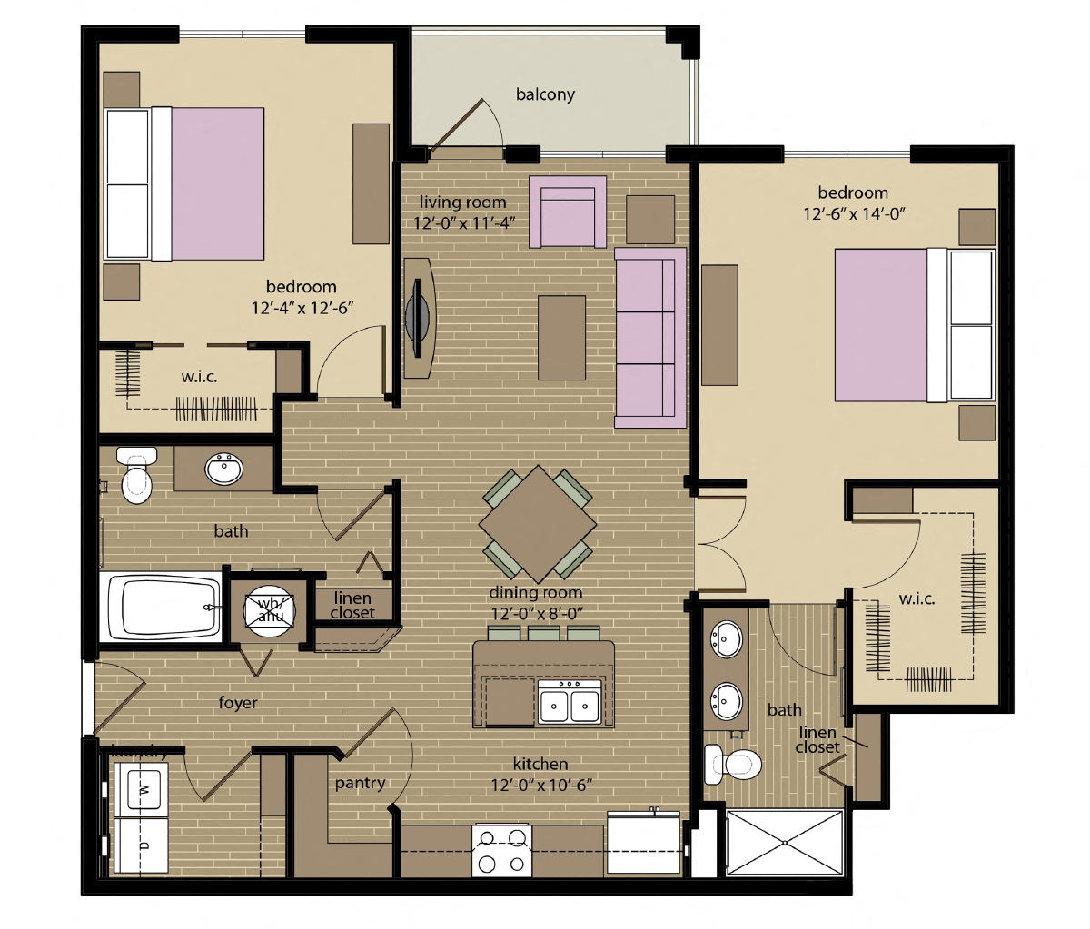 Floor plan for 2 beds, 2 baths, 1125 sqft