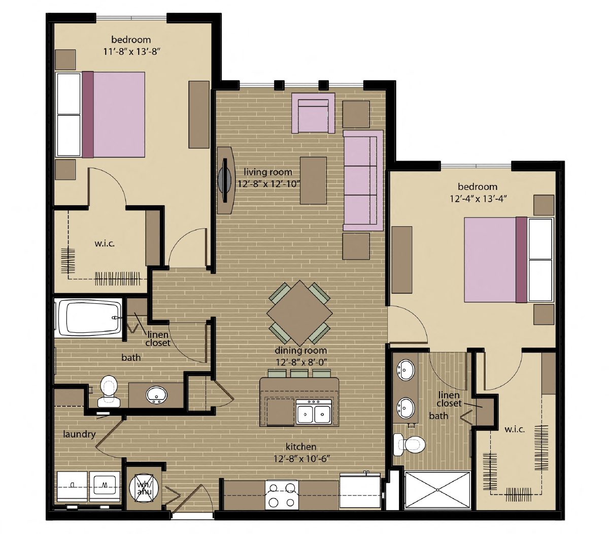 Floor plan for 2 beds, 2 baths, 1140 sqft