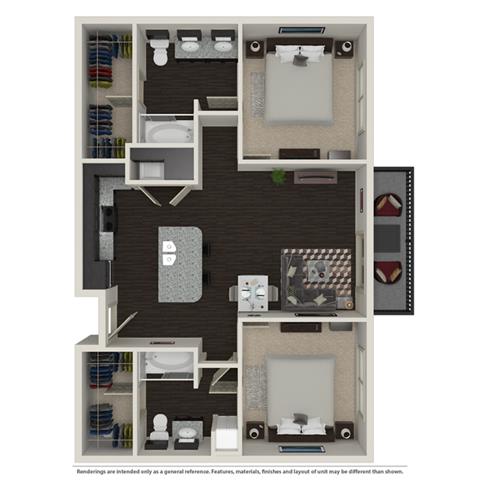 Floor plan for 2 beds, 2 baths, 1221 sqft