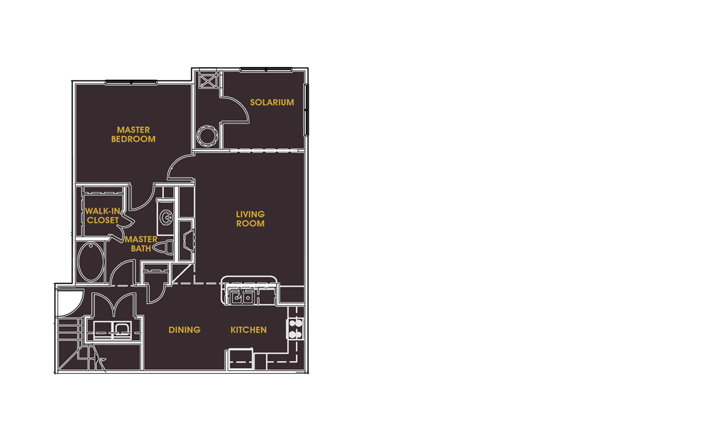 Floor plan for 1 bed, 1 bath, 965 sqft