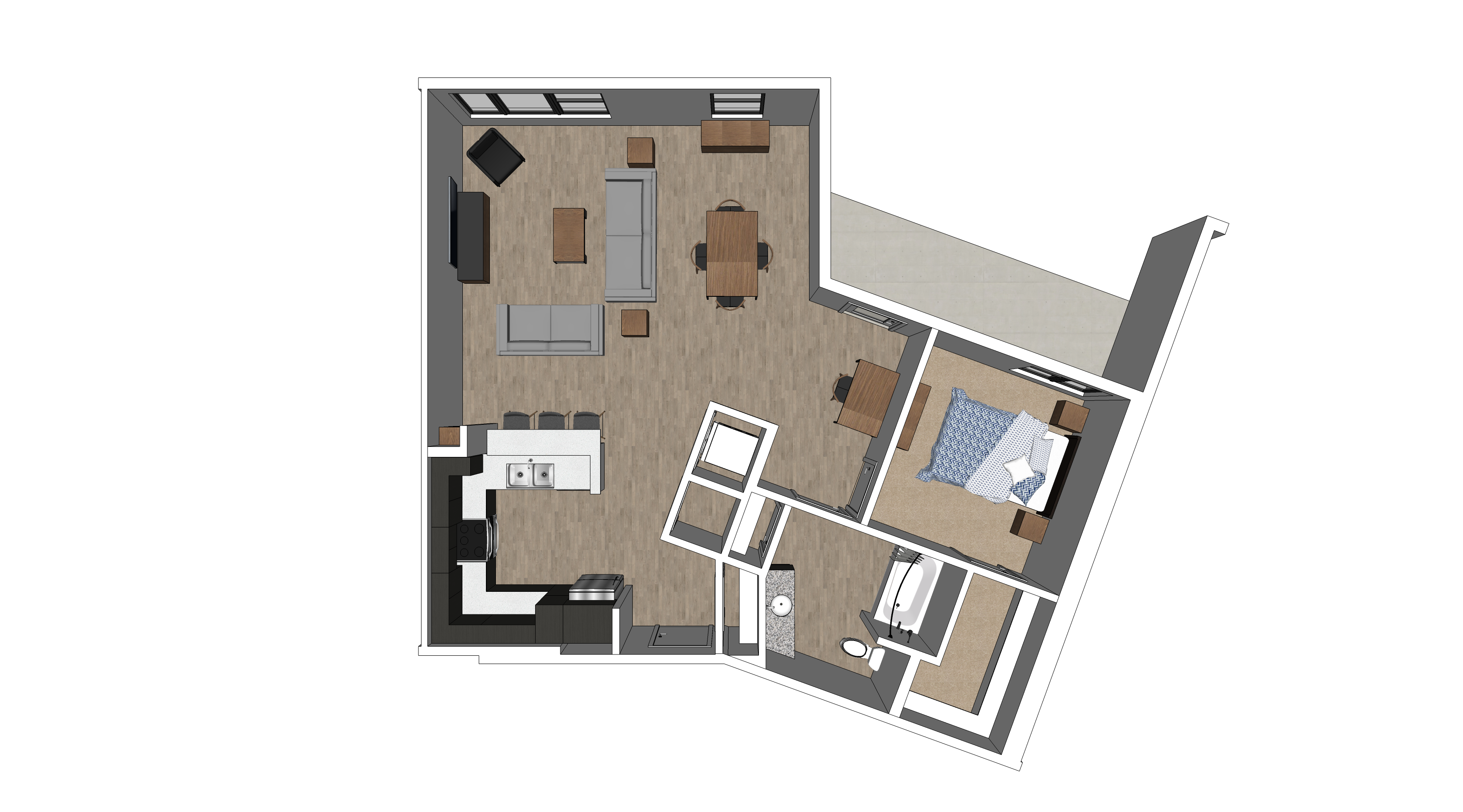 Floor plan for 1 bed, 1 bath, 964 sqft